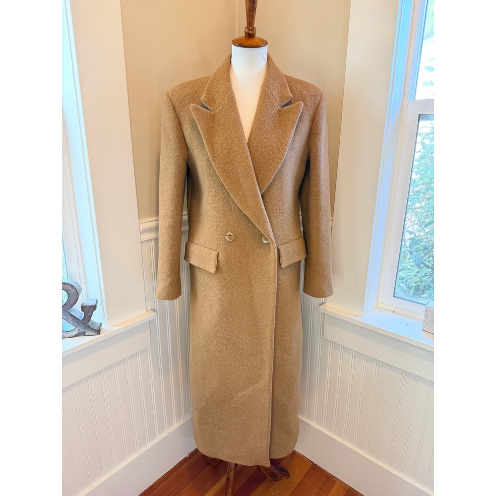 Sandro Straight Cut Brushed Wool Coat Double Breasted Long Camel Brown 36 S - Picture 2 of 16
